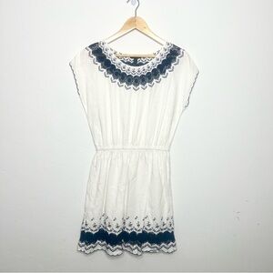 J. Crew scalloped embroidered dress, linen and cotton, navy & white